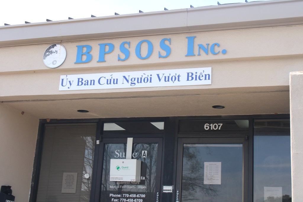 The building sign above the entrance for the Atlanta chapter of Boat People SOS (BPSOS), based in Norcross.