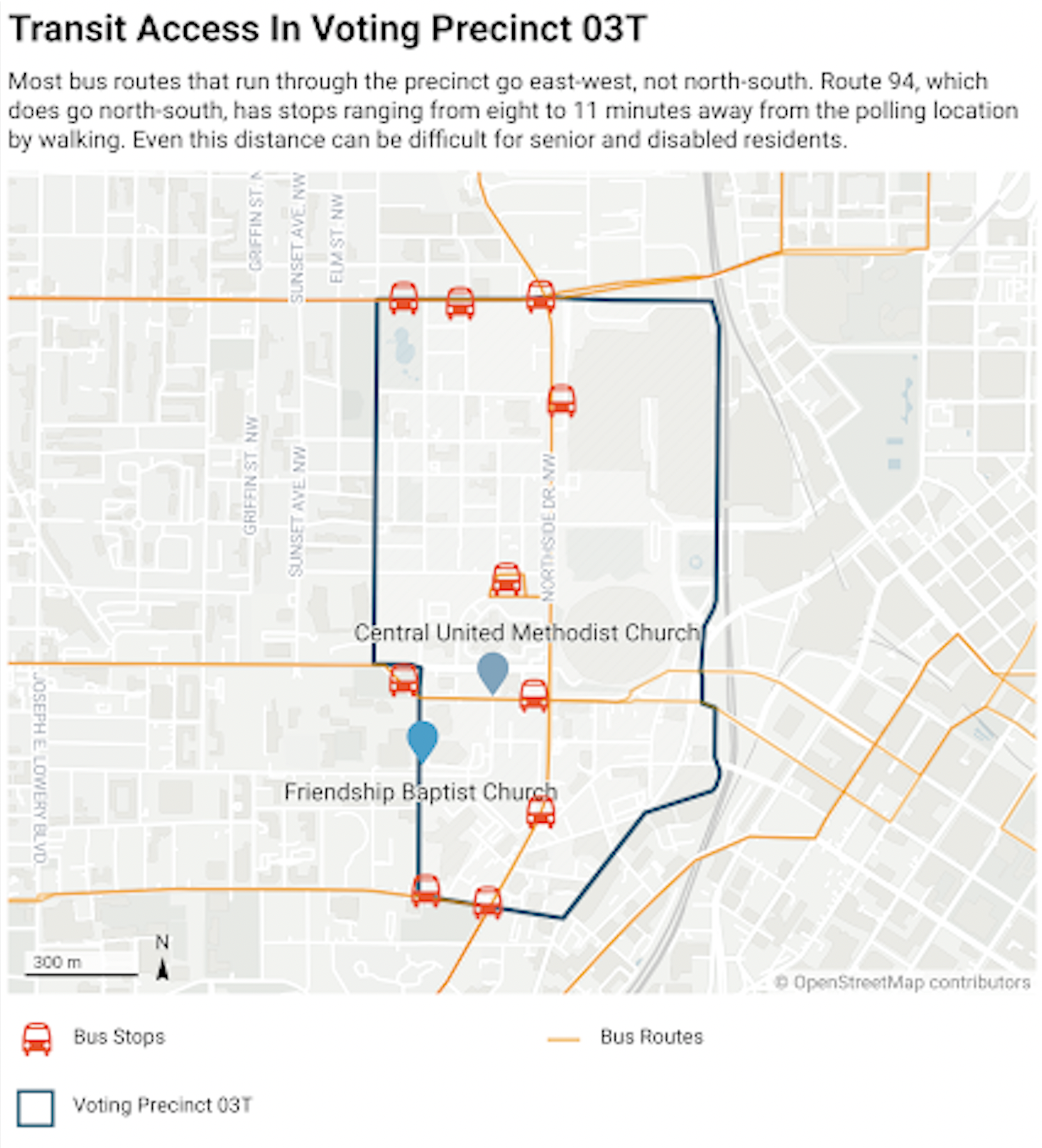 Screen Shot 2024-07-17 at 11.10.15 AM A map of bus routes shows shows that most routes that run through the precinct go east-west, not north-south.