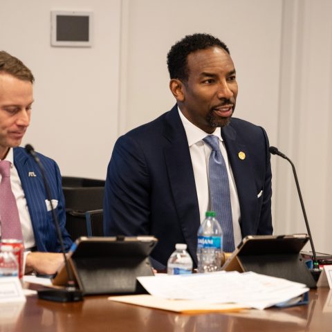Invest Atlanta Board Chair, Atlanta Mayor Andre Dickens (right) speaks during the Invest Atlanta Board of Directors Meeting on Thursday, Feb. 16, 2023. Photo by Dean Hesse.