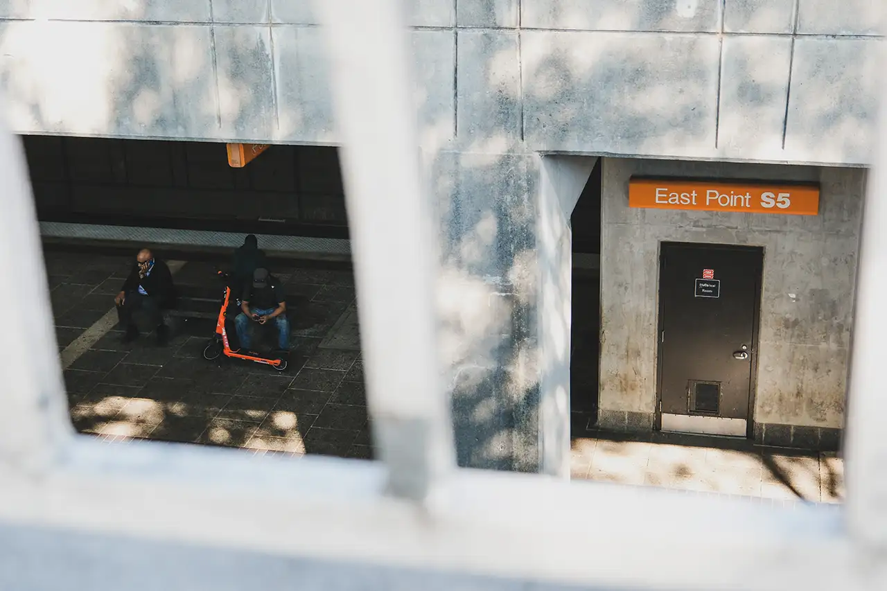 An overhead shot of the East Point MARTA train stop in metro Atlanta.