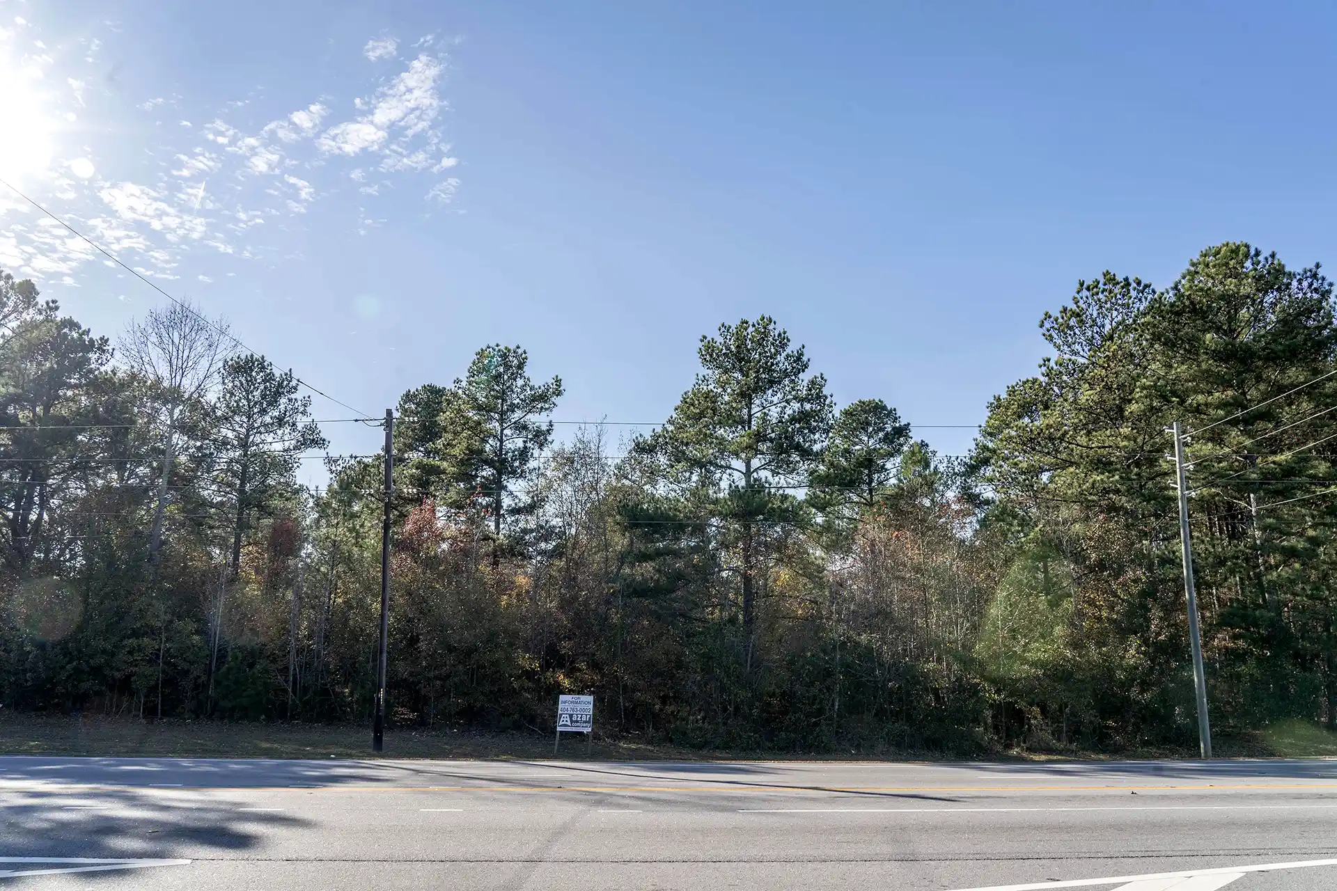 A wooded lot and a for sale sign, located at corner of Old National Highway and Jonesboro Road in South Fulton, Georgia.