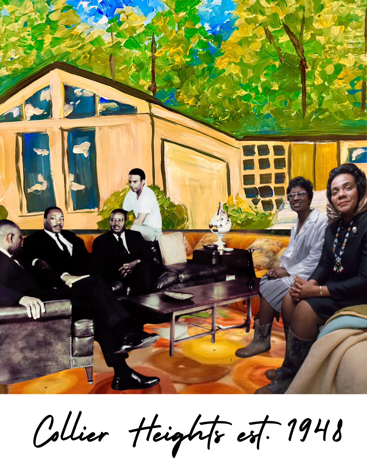 Artwork mixed media of men and woman sitting on a couch in front of a mid-century ranch home.