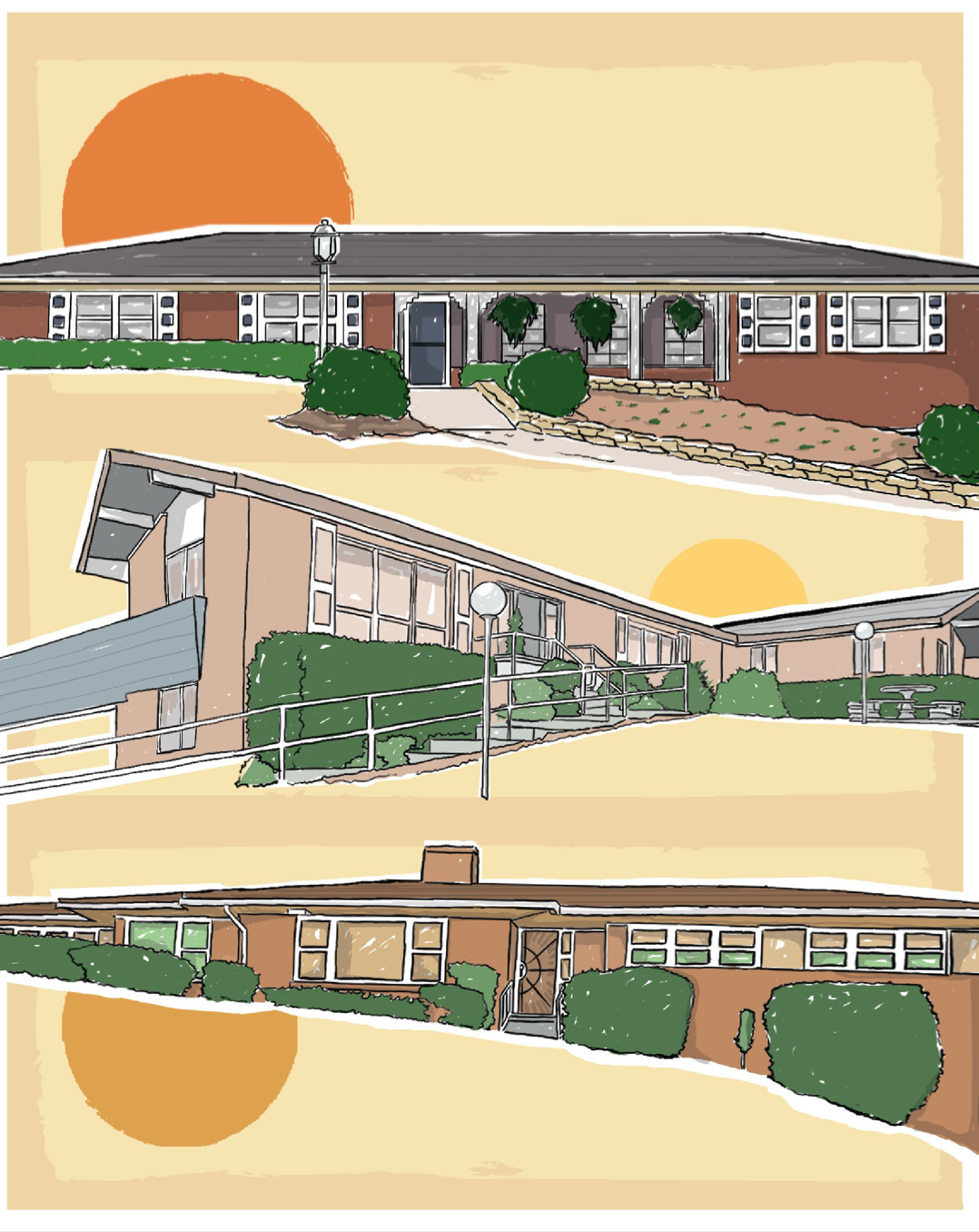 Artwork of houses in Collier Heights with a rising sun.