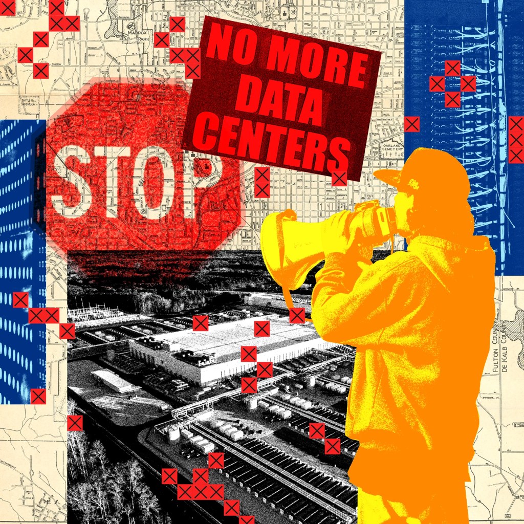 A collage features a protester with a megaphone in front of images of a data center, a stop sign, and a sign that reads 