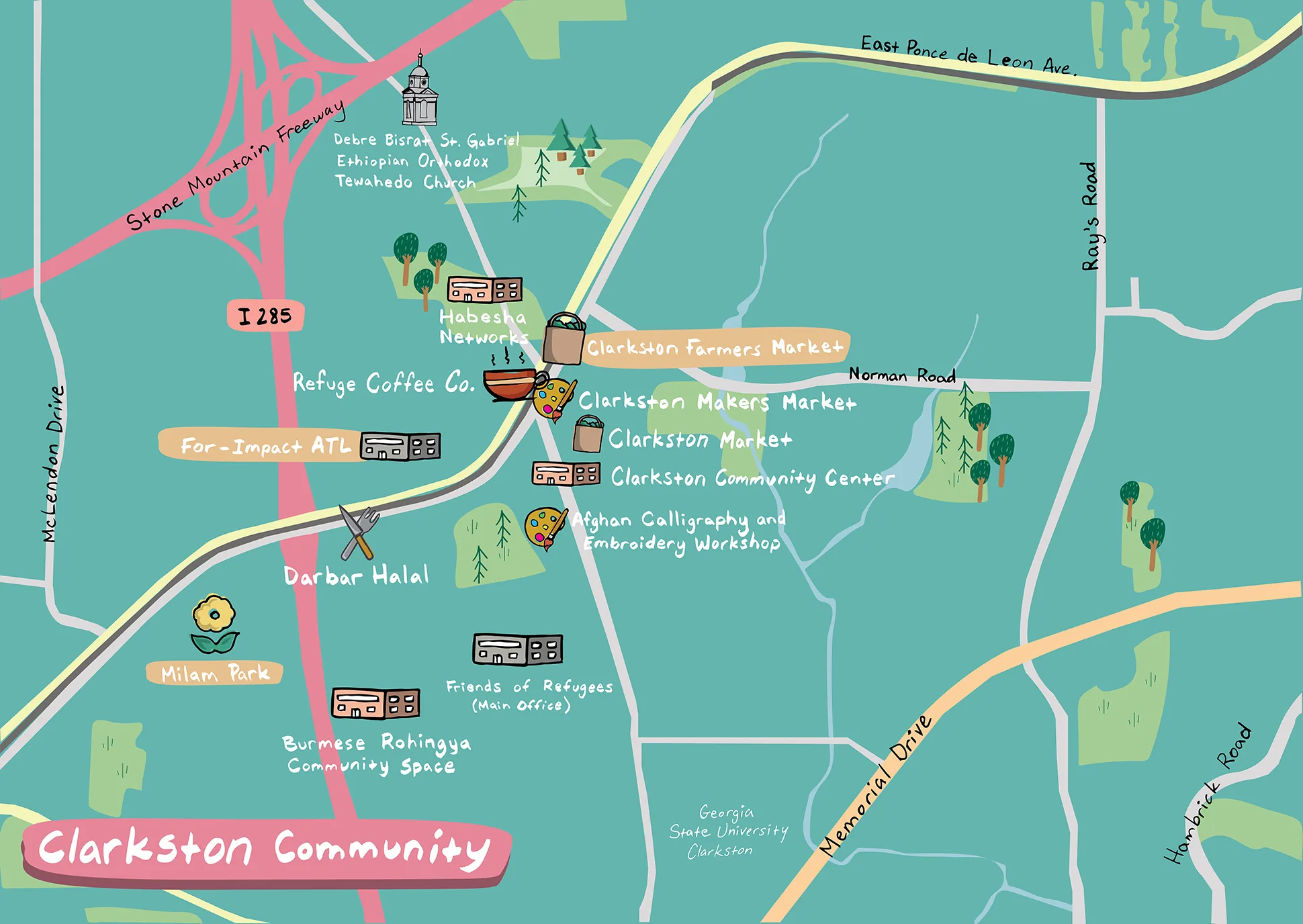 An illustrated map of community assets in Clarkston, Georgia